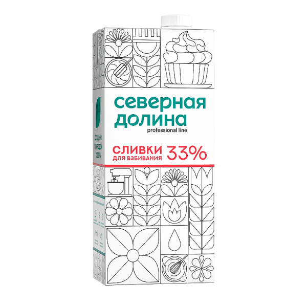 Сливки ультрапастеризованные 33% для взбивания Северная Долина, 1 л