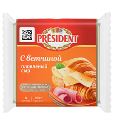 Сыр плавленый С ветчиной 40% President, 150 г